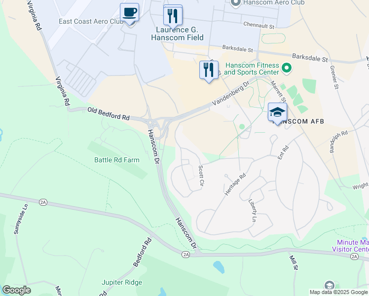 map of restaurants, bars, coffee shops, grocery stores, and more near 103 Scott Circle in Hanscom Air Force Base
