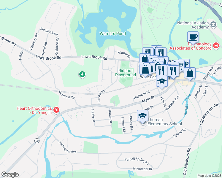 map of restaurants, bars, coffee shops, grocery stores, and more near 95 Conant Street in Concord