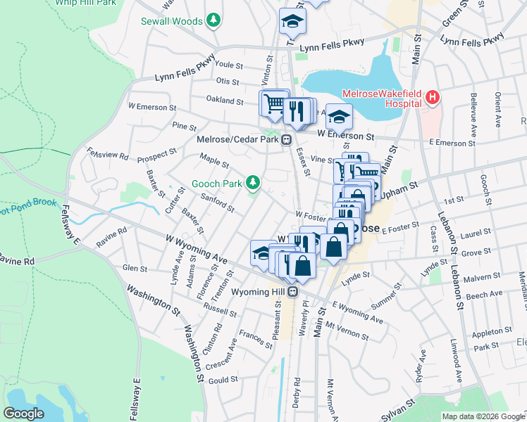 map of restaurants, bars, coffee shops, grocery stores, and more near 191 Florence Street in Melrose