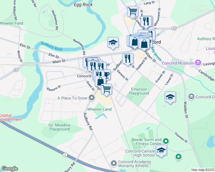 map of restaurants, bars, coffee shops, grocery stores, and more near 148 Thoreau Street in Concord