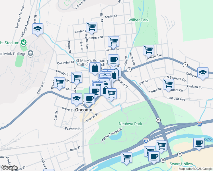 map of restaurants, bars, coffee shops, grocery stores, and more near 291 Main Street in Oneonta