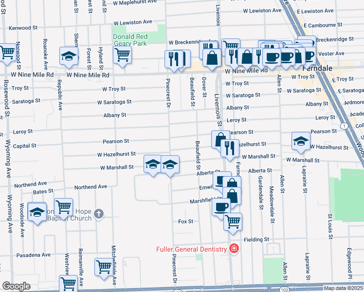 map of restaurants, bars, coffee shops, grocery stores, and more near 1061 Pearson Street in Ferndale