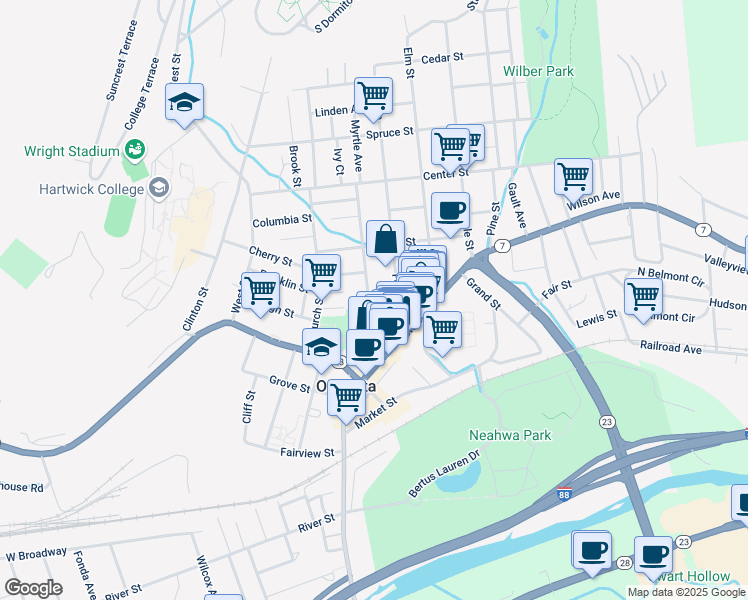 map of restaurants, bars, coffee shops, grocery stores, and more near 34 Dietz Street in Oneonta
