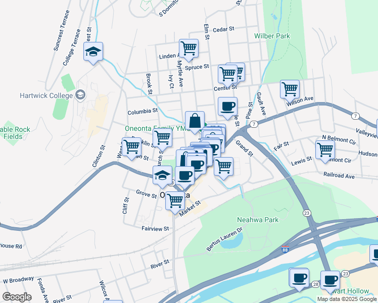 map of restaurants, bars, coffee shops, grocery stores, and more near 34 Dietz Street in Oneonta