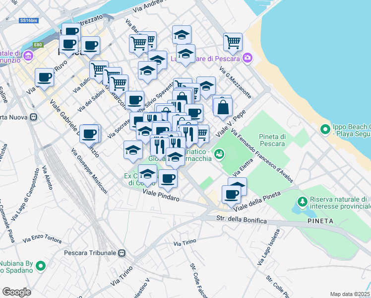 map of restaurants, bars, coffee shops, grocery stores, and more near 64 Via Alessandro Valignani in Pescara