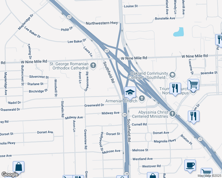 map of restaurants, bars, coffee shops, grocery stores, and more near 22307 La Seine Street in Southfield