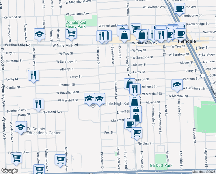 map of restaurants, bars, coffee shops, grocery stores, and more near 1061 Pearson Street in Ferndale