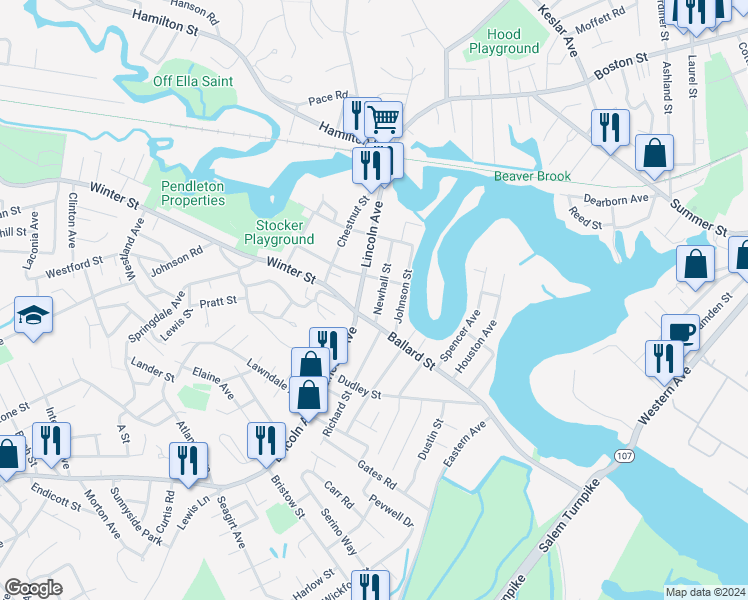 map of restaurants, bars, coffee shops, grocery stores, and more near 16 Newhall Street in Saugus