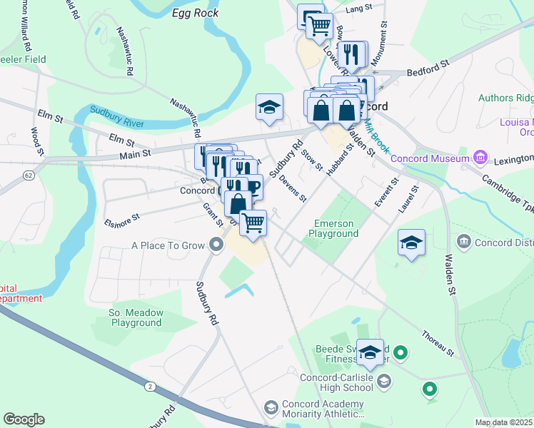 map of restaurants, bars, coffee shops, grocery stores, and more near 153 Thoreau Street in Concord