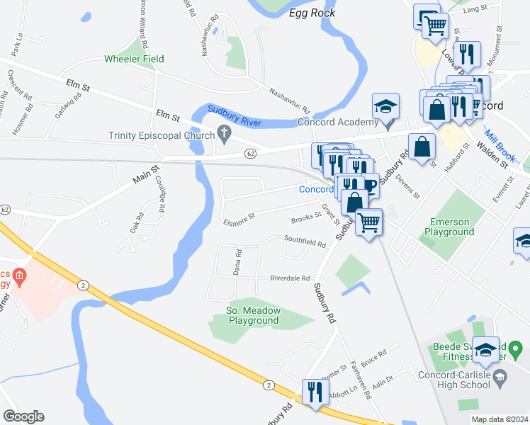 map of restaurants, bars, coffee shops, grocery stores, and more near 100 Elsinore Street in Concord