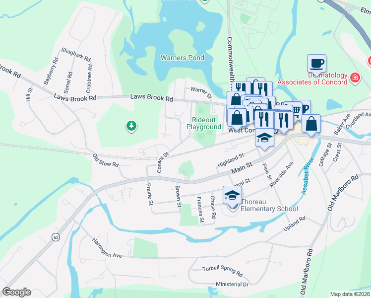 map of restaurants, bars, coffee shops, grocery stores, and more near 96 Conant Street in Concord