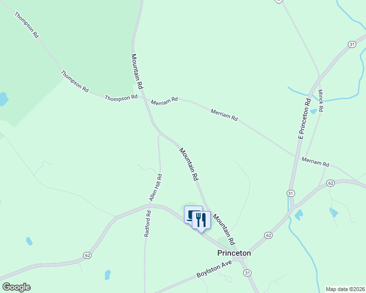map of restaurants, bars, coffee shops, grocery stores, and more near 54A Mountain Road in Princeton