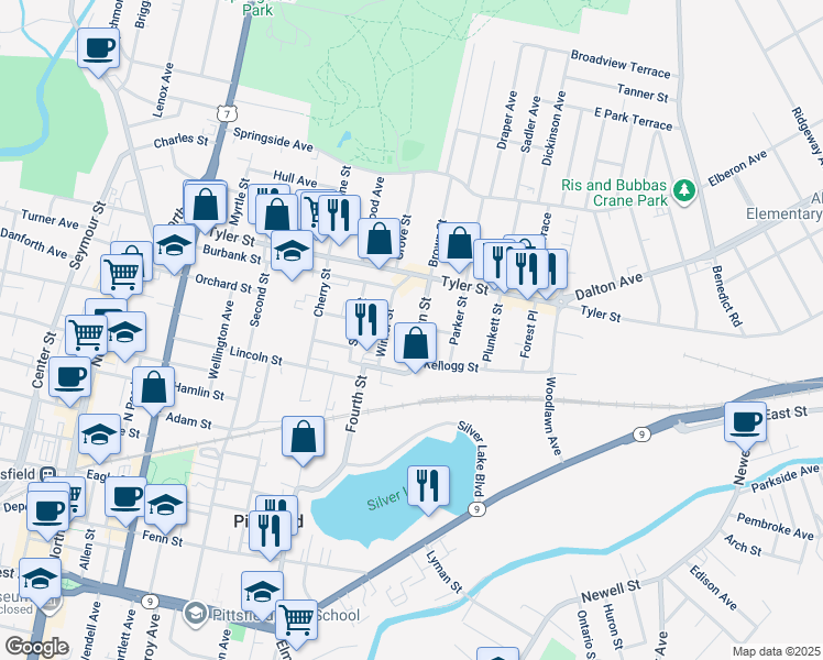 map of restaurants, bars, coffee shops, grocery stores, and more near 48R Winter Street in Pittsfield
