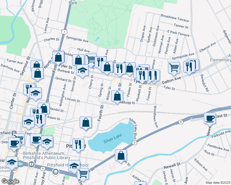 map of restaurants, bars, coffee shops, grocery stores, and more near 48R Winter Street in Pittsfield
