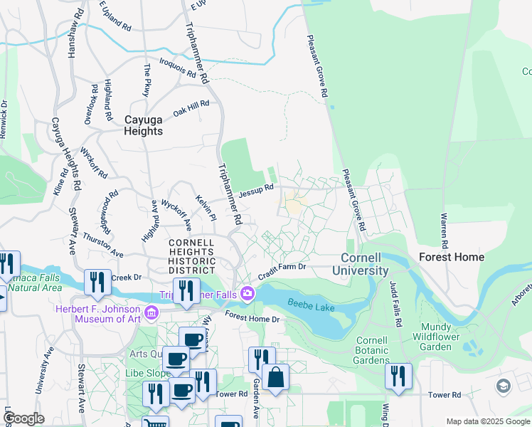 map of restaurants, bars, coffee shops, grocery stores, and more near Robert Purcell Community Center Driveway in Ithaca