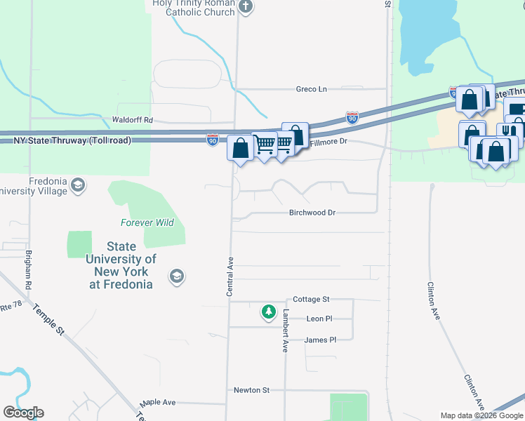 map of restaurants, bars, coffee shops, grocery stores, and more near 343 Central Avenue in Fredonia