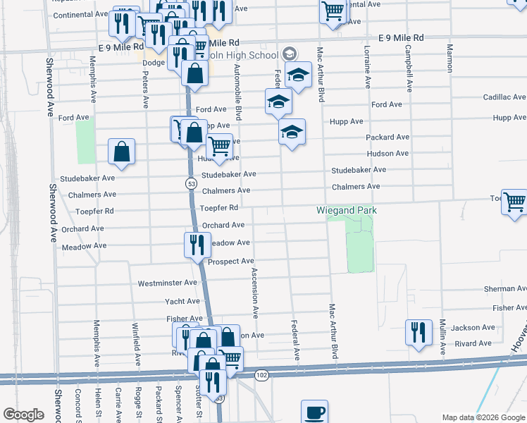 map of restaurants, bars, coffee shops, grocery stores, and more near 8269 Toepfer Road in Warren