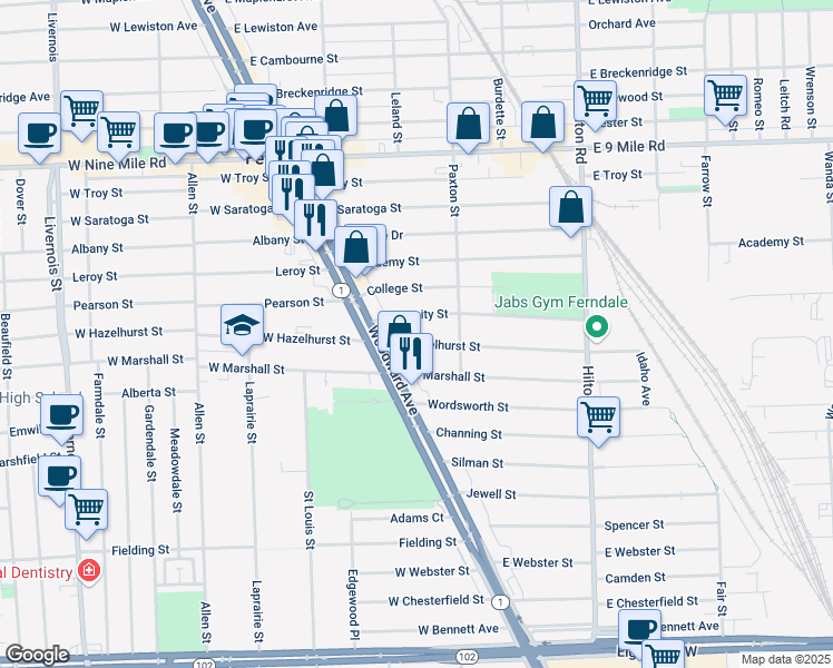map of restaurants, bars, coffee shops, grocery stores, and more near 140 University Street in Ferndale