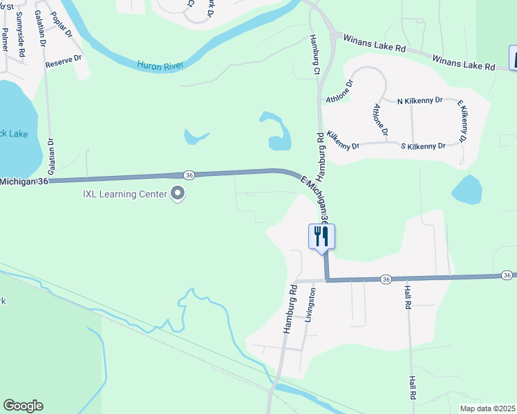 map of restaurants, bars, coffee shops, grocery stores, and more near 7244 Michigan 36 in Hamburg