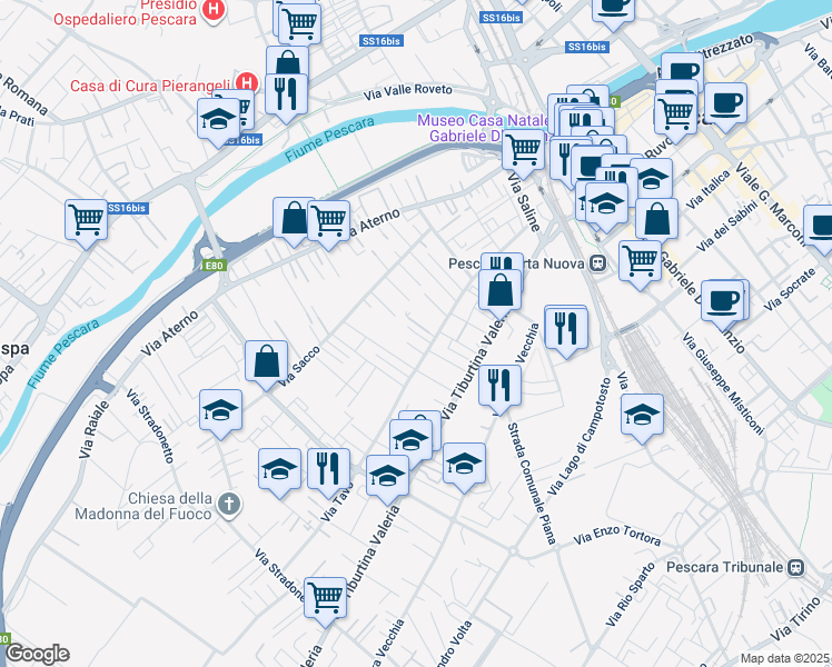map of restaurants, bars, coffee shops, grocery stores, and more near Via Tona in Pescara