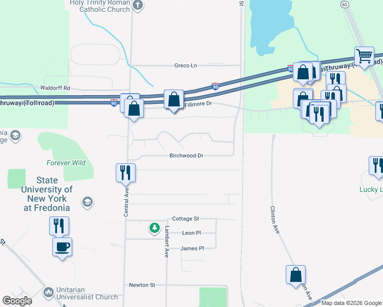 map of restaurants, bars, coffee shops, grocery stores, and more near 12 Middlesex Drive in Fredonia