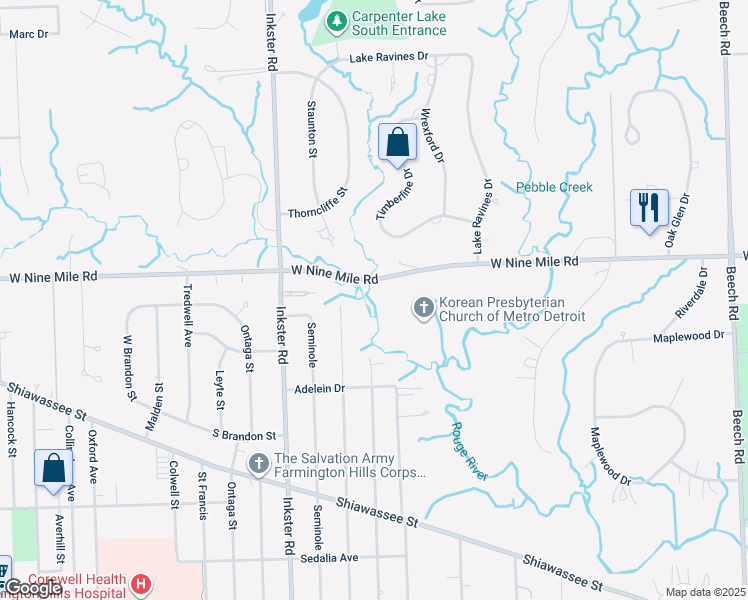 map of restaurants, bars, coffee shops, grocery stores, and more near 27095 West Nine Mile Road in Southfield