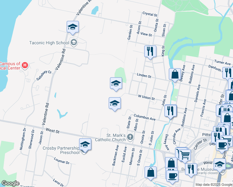 map of restaurants, bars, coffee shops, grocery stores, and more near 200 West Union Street in Pittsfield
