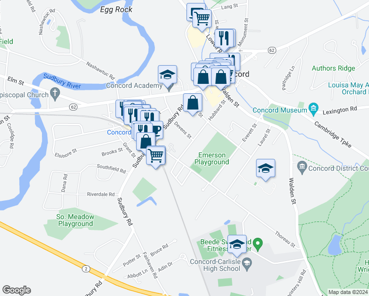 map of restaurants, bars, coffee shops, grocery stores, and more near 150 Hubbard Street in Concord