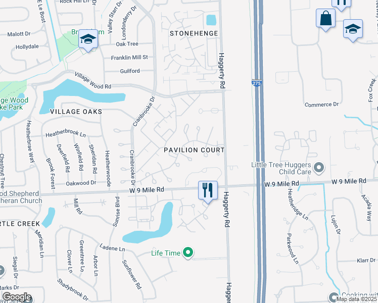 map of restaurants, bars, coffee shops, grocery stores, and more near 22770 Fireside Court in Novi