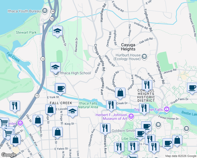 map of restaurants, bars, coffee shops, grocery stores, and more near Needham Place in Ithaca