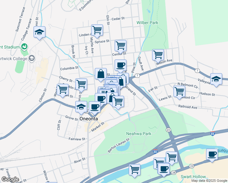 map of restaurants, bars, coffee shops, grocery stores, and more near 299 Main Street in Oneonta