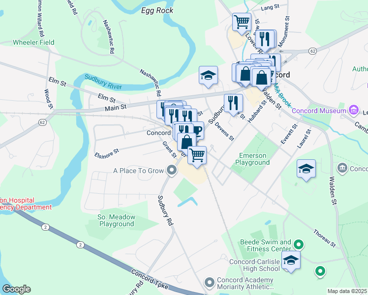 map of restaurants, bars, coffee shops, grocery stores, and more near 120 Thoreau Street in Concord