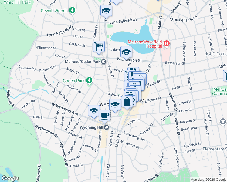 map of restaurants, bars, coffee shops, grocery stores, and more near 16 Willow Street in Melrose