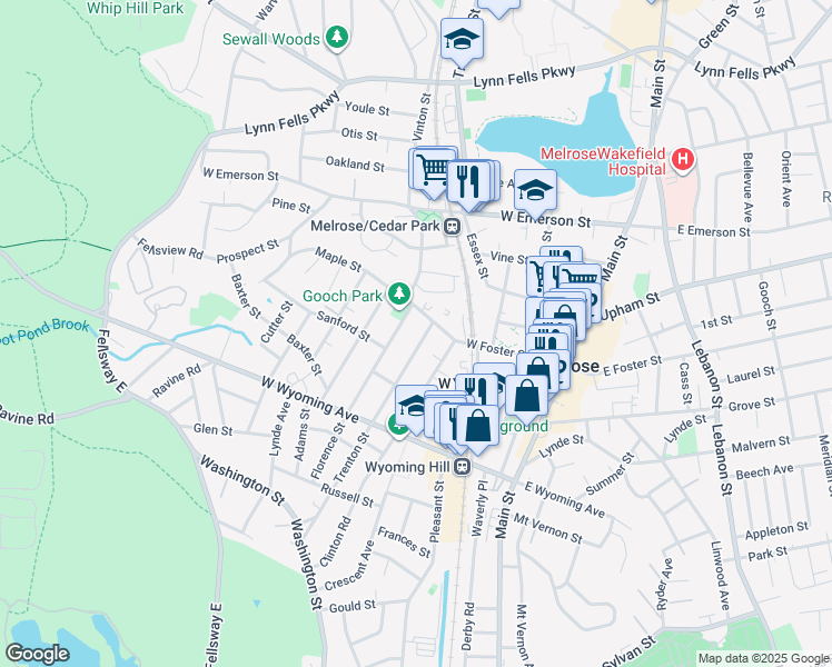 map of restaurants, bars, coffee shops, grocery stores, and more near 191 Florence Street in Melrose