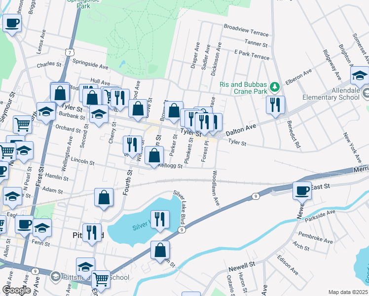 map of restaurants, bars, coffee shops, grocery stores, and more near 34 Parker Street in Pittsfield