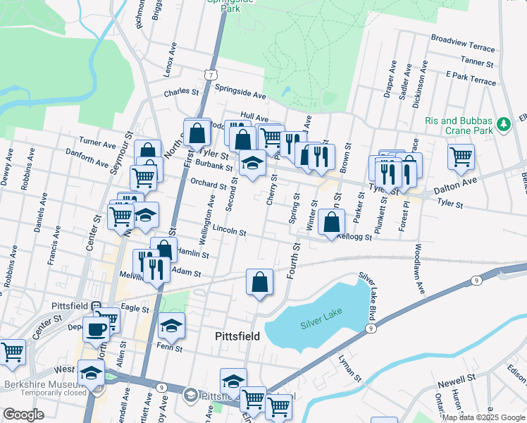 map of restaurants, bars, coffee shops, grocery stores, and more near 67 Cherry Street in Pittsfield