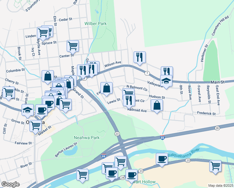 map of restaurants, bars, coffee shops, grocery stores, and more near 7 Hickory Street in Oneonta