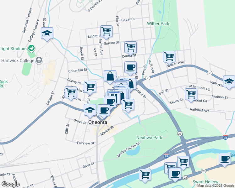 map of restaurants, bars, coffee shops, grocery stores, and more near 12 Ford Avenue in Oneonta