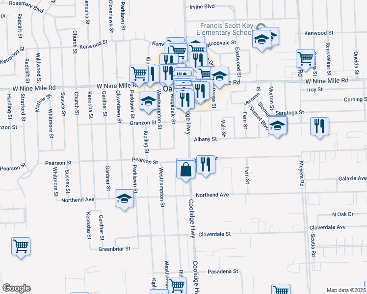 map of restaurants, bars, coffee shops, grocery stores, and more near 21861 Coolidge Highway in Oak Park