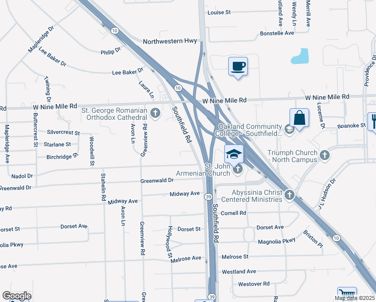 map of restaurants, bars, coffee shops, grocery stores, and more near 22307 La Seine Street in Southfield
