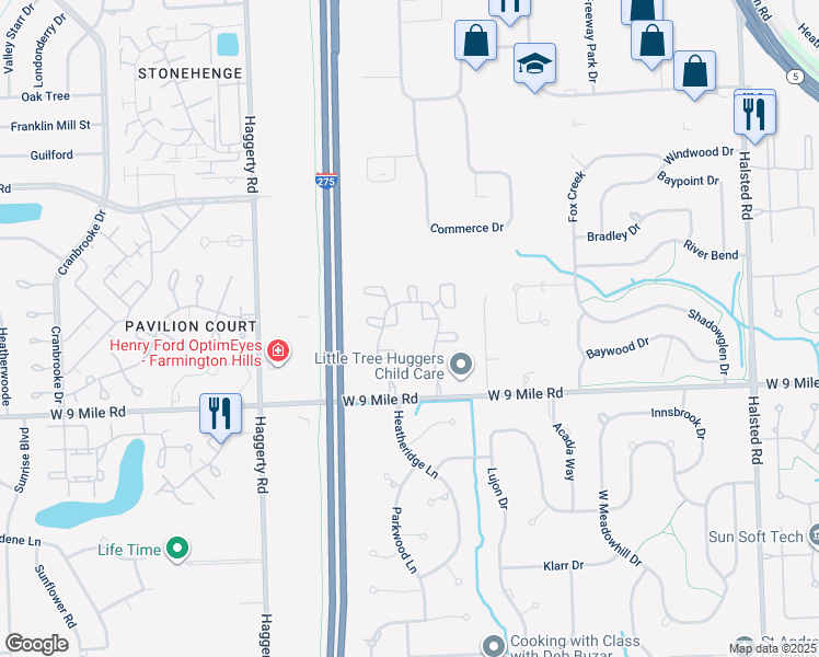 map of restaurants, bars, coffee shops, grocery stores, and more near 39195 Polo Club Drive in Farmington Hills