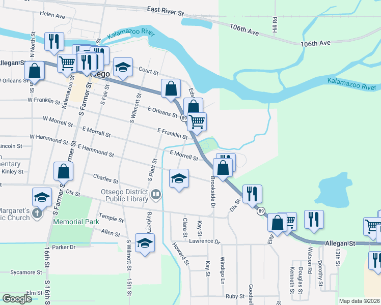 map of restaurants, bars, coffee shops, grocery stores, and more near 501 East Morrell Street in Otsego