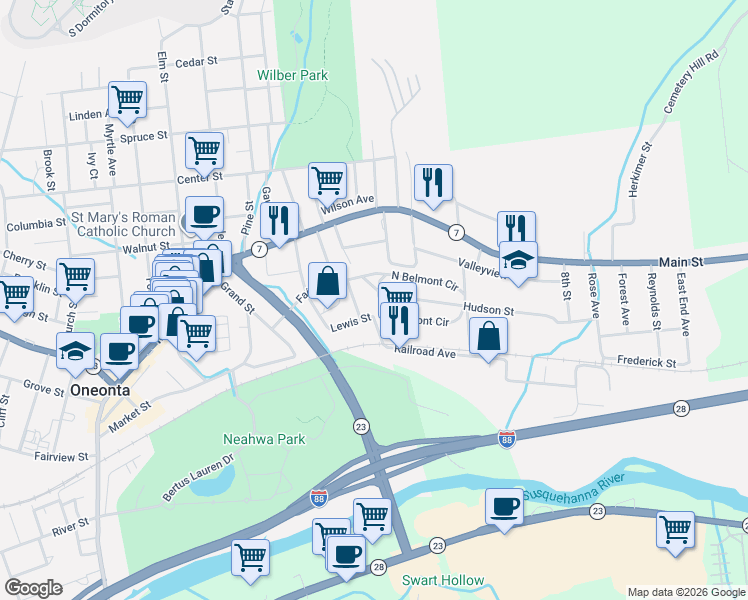 map of restaurants, bars, coffee shops, grocery stores, and more near 7 Hickory Street in Oneonta