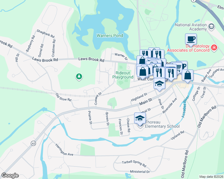 map of restaurants, bars, coffee shops, grocery stores, and more near 96 Conant Street in Concord
