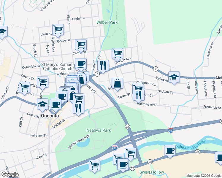 map of restaurants, bars, coffee shops, grocery stores, and more near 17 Fair Street in Oneonta