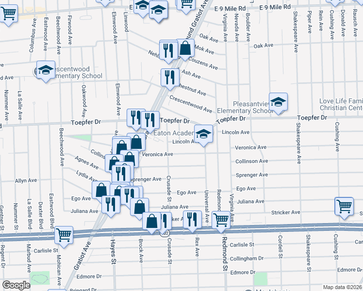 map of restaurants, bars, coffee shops, grocery stores, and more near 15535 Lincoln Avenue in Eastpointe