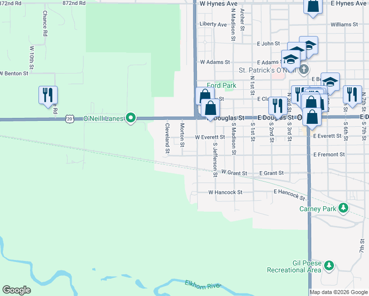 map of restaurants, bars, coffee shops, grocery stores, and more near 201-275 South Harrison Street in O'Neill