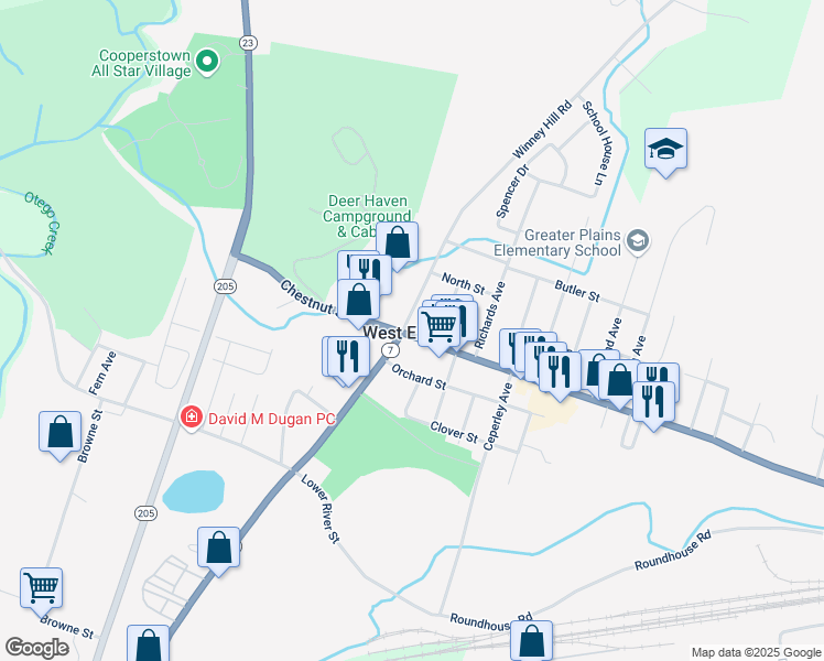 map of restaurants, bars, coffee shops, grocery stores, and more near 60 Winney Hill Road in Oneonta