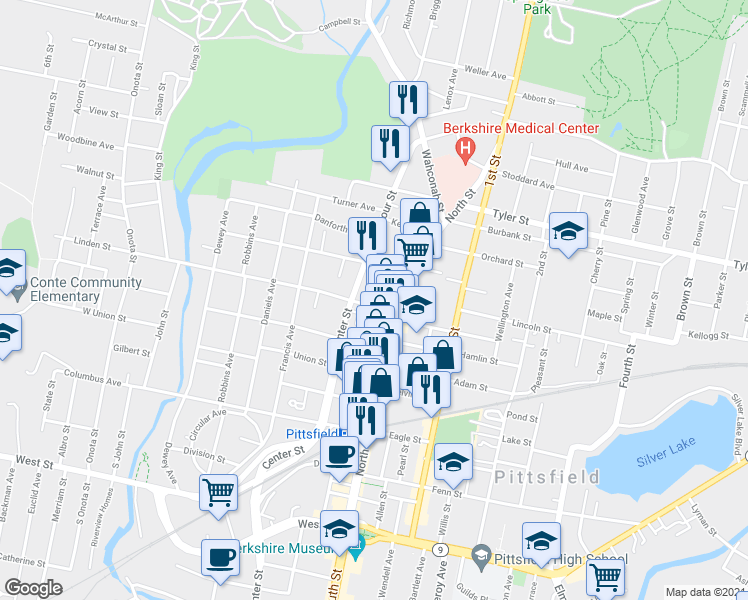 map of restaurants, bars, coffee shops, grocery stores, and more near 18 Linden Street in Pittsfield
