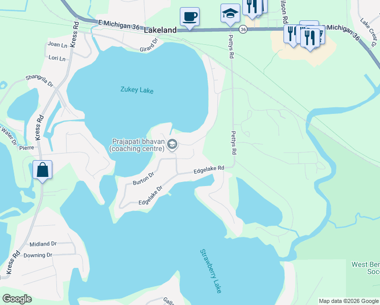 map of restaurants, bars, coffee shops, grocery stores, and more near 5295 Crestover in Pinckney